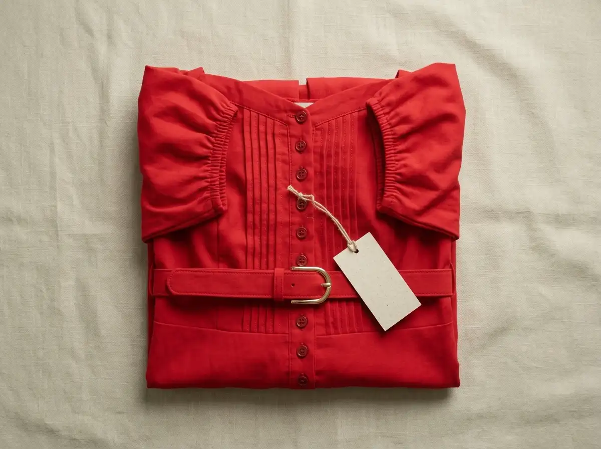 Flat lay of a folded dress with a blank price tag attached, styled on a neutral background