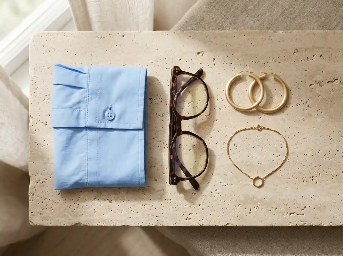 Flat lay of brushed gold 25mm hoop earrings, a short gold chain pendant necklace, blue-light glasses, and a folded cotton sleeve.