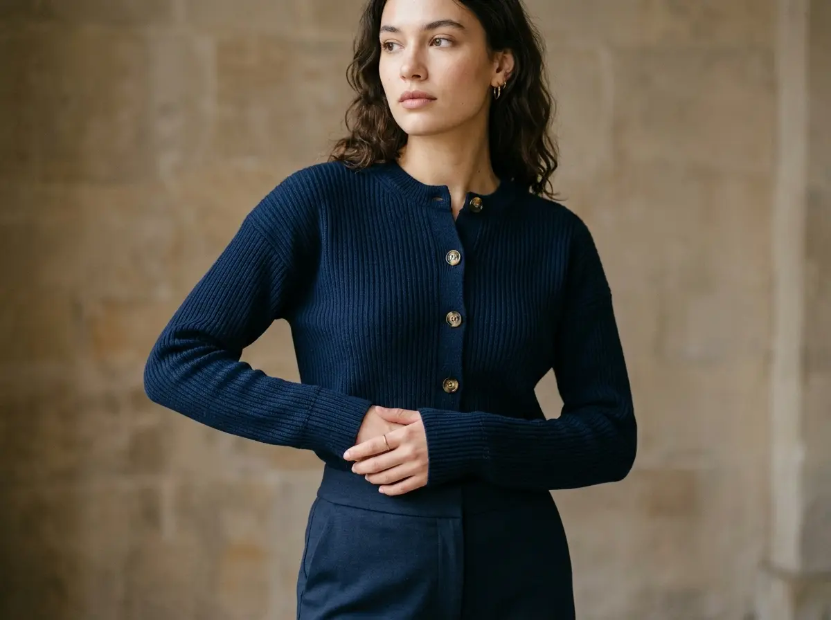 Close-up of a dark navy fine-knit cardigan with a drop shoulder seam paired with straight-fit jersey pants.