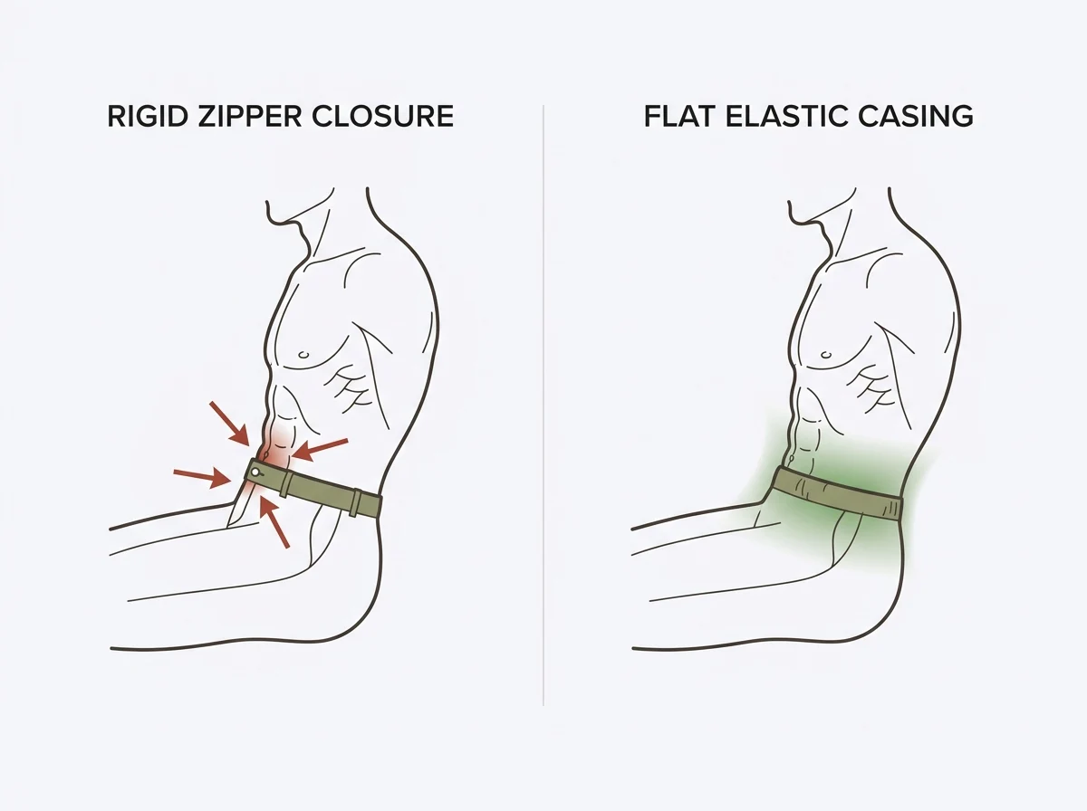 Technical diagram comparing rigid zipper waistband compression against flat elastic casing trousers when seated.