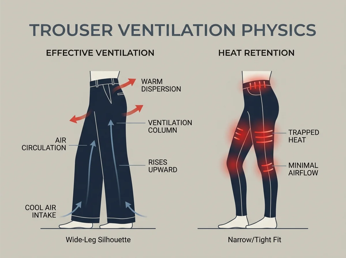 Diagram illustrating airflow circulation and heat venting in wide-leg summer work pants vs tight synthetic trousers.