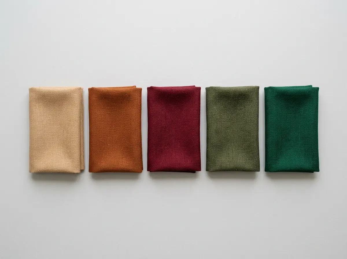 Five fabric swatches in camel, rust, cranberry, olive, and emerald
