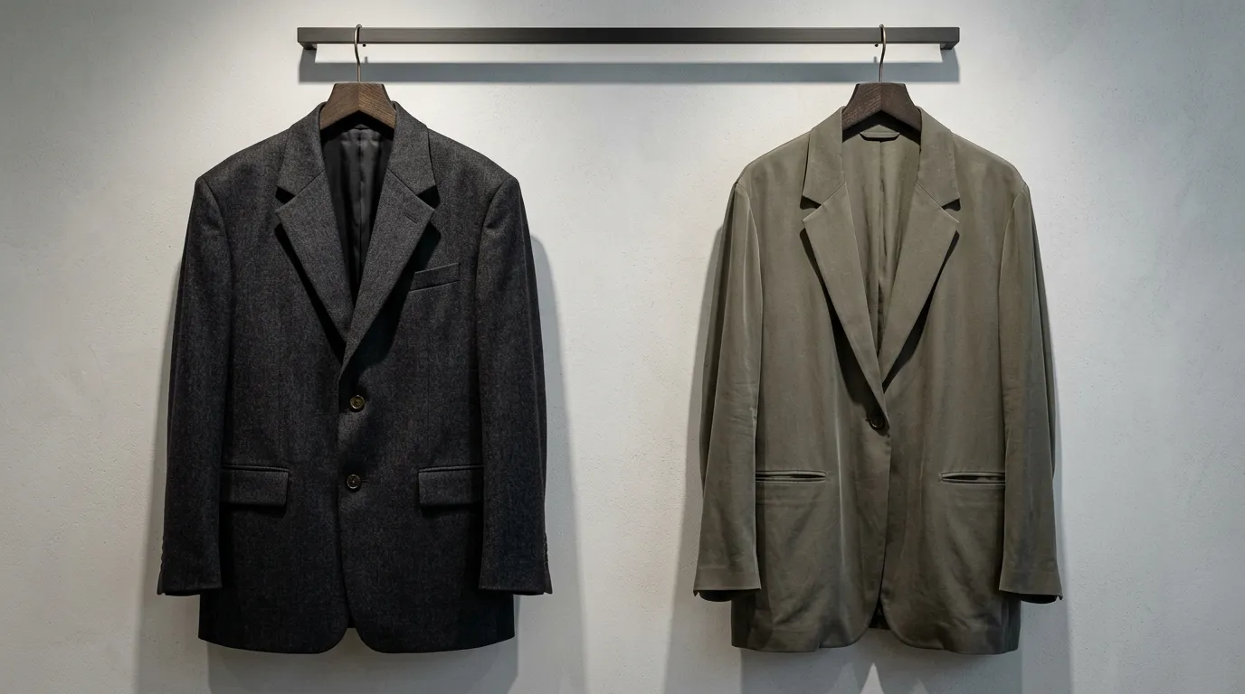 Side-by-side display of two blazers showing the rigid boxy drape of heavy wool twill compared to the soft fluid drape of a viscose blend