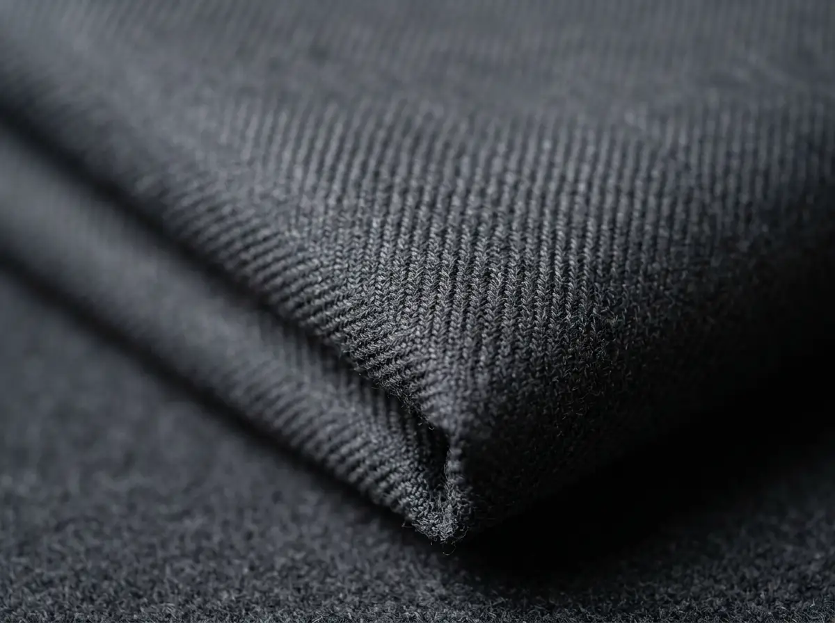 Close-up macro view of woven worsted wool fabric showing a structured, smooth surface.