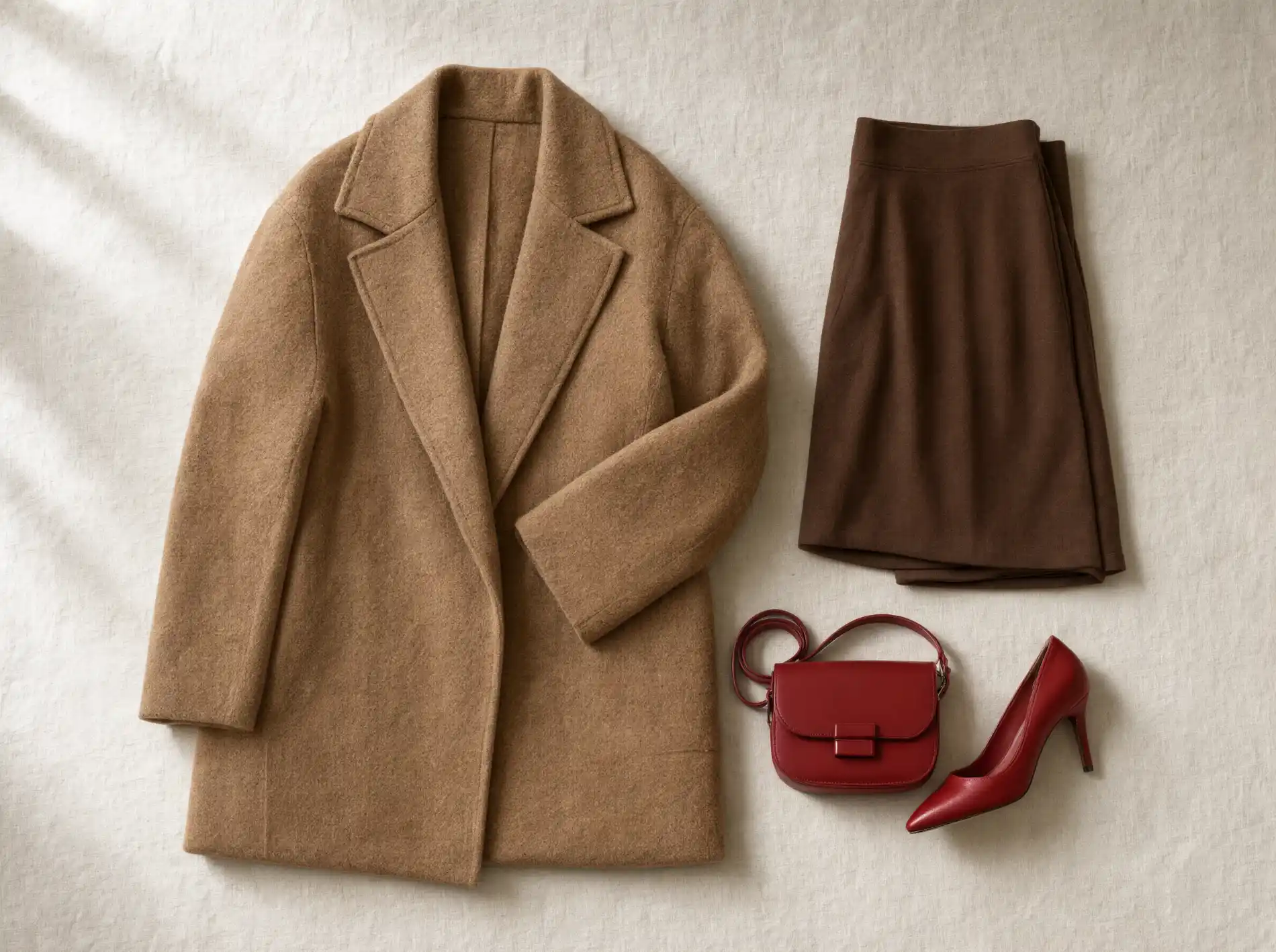 A flat lay with a large camel coat area, a smaller brown skirt, and a small red bag and heel arranged by size