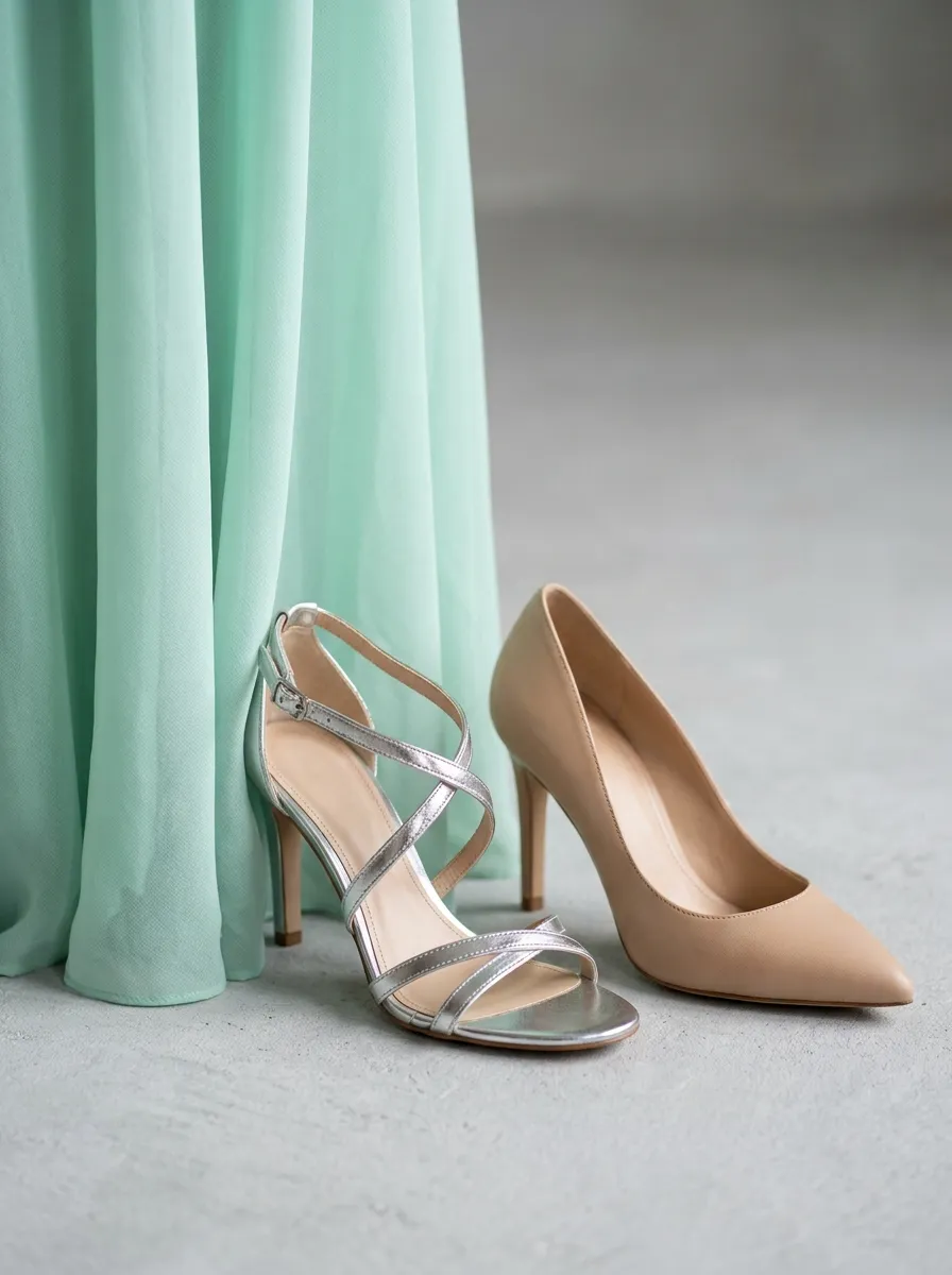 Close-up studio photography of metallic silver strappy sandals and nude leather heels paired with a mint green dress hemline.