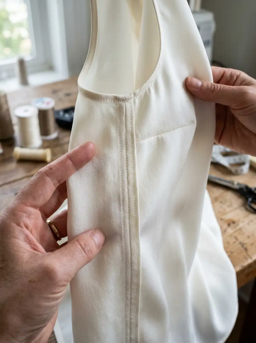 Interior view of a silk blouse showing double-stitched French seam finishing without exposed raw edges