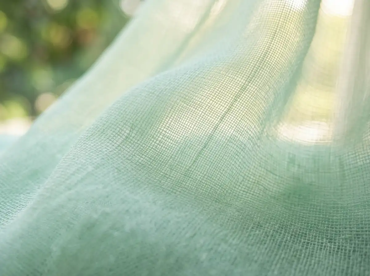 Macro detail of sheer mint green chiffon fabric showcasing textile weave and light transparency.