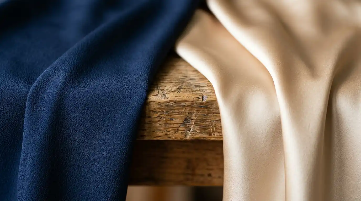 Side-by-side comparison of matte silk crepe de chine fabric and lustrous silk charmeuse fabric