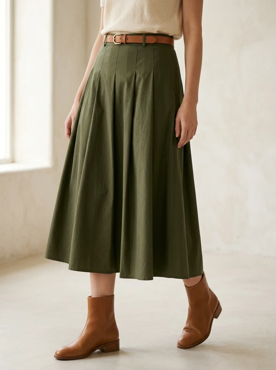 A-line midi skirt in structured cotton poplin flaring outward from natural waist