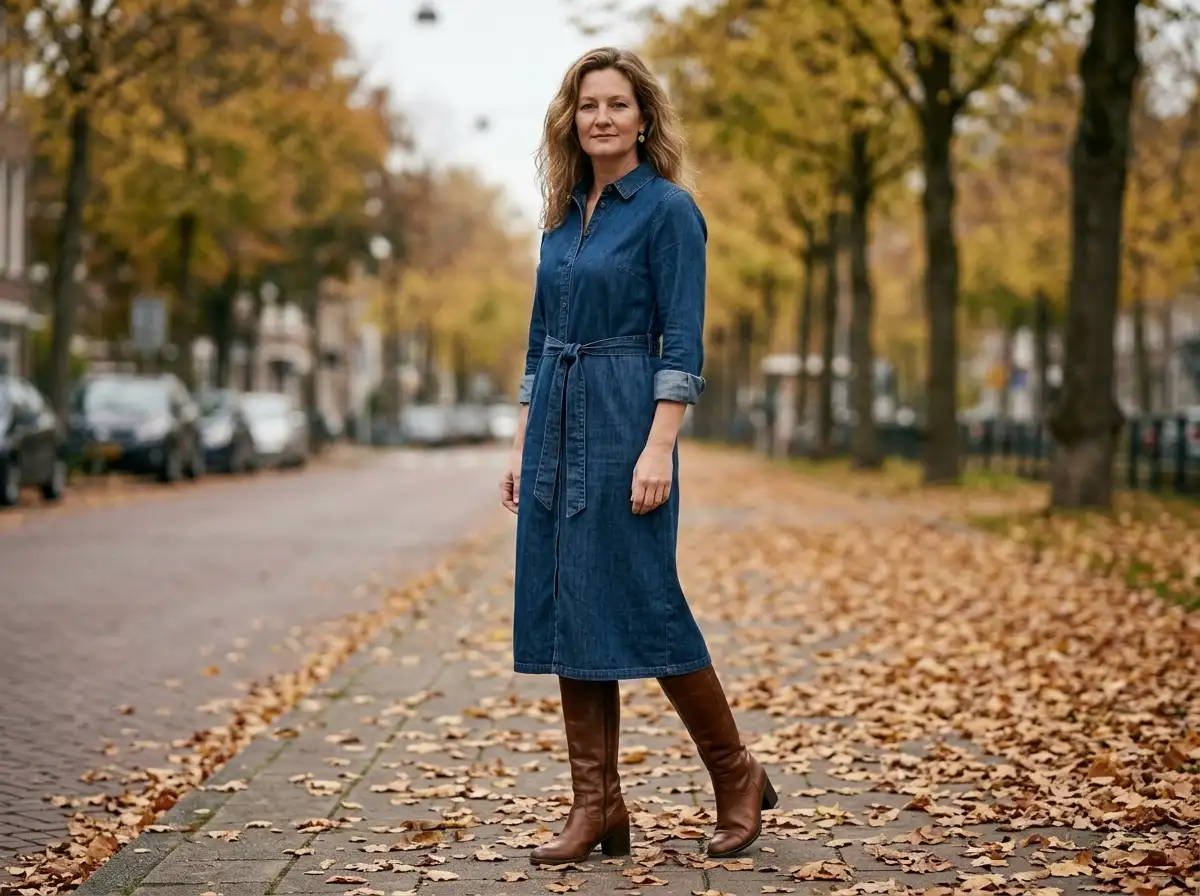 Belted midi denim shirtdress with knee-high brown block-heel boots on a sidewalk with fallen leaves
