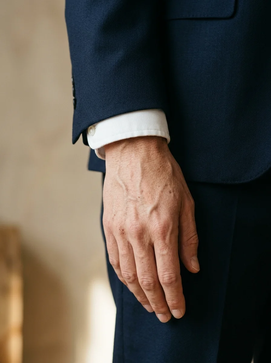 Close view of a navy blazer sleeve ending at the wrist bone with a sliver of white shirt cuff