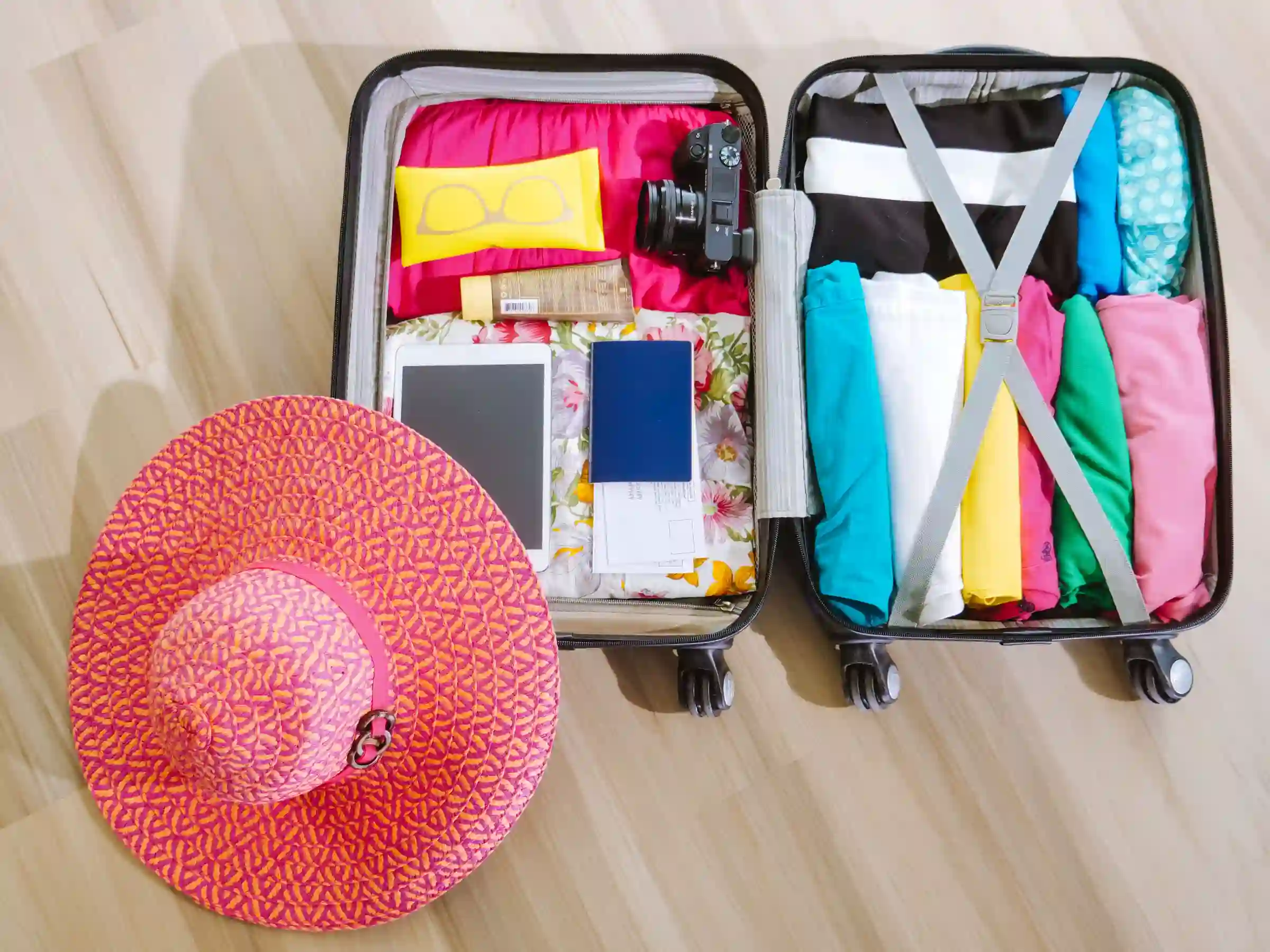 Open carry-on suitcase packed with neatly folded clothes, a camera, and a sun hat, ready for travel
