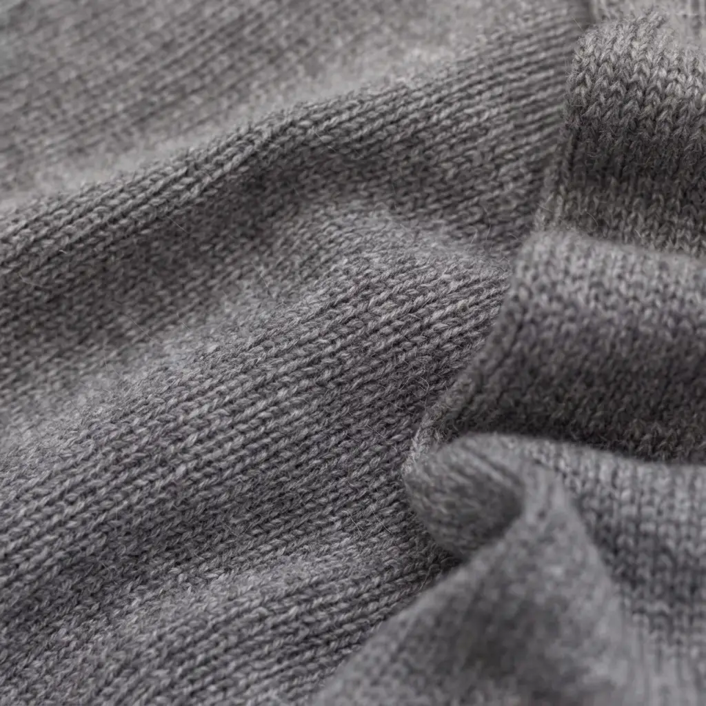 Close-up fabric detail of an oatmeal 7-gauge cashmere fisherman rib knit sweater.