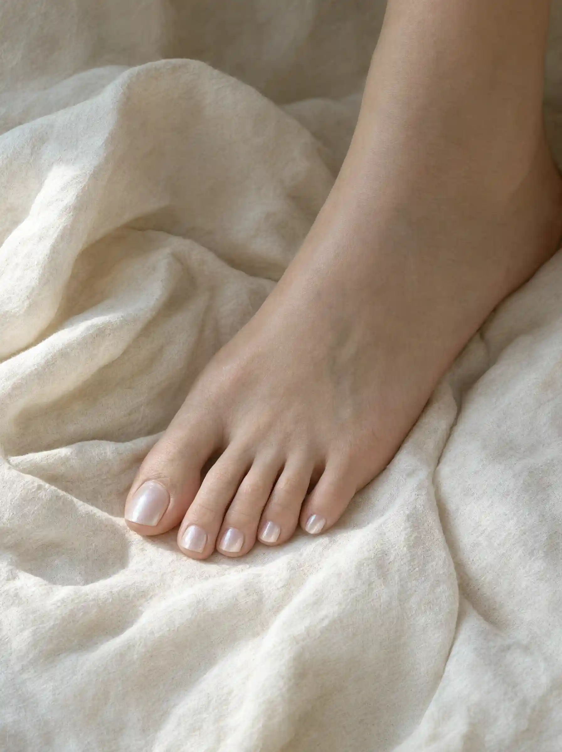 Close-up of toenails with a pearl glaze soft chrome finish over a milky base on ivory linen
