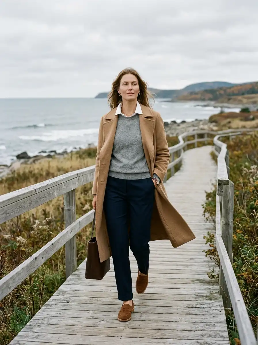 Autumn outfit featuring an unlined camel trench coat layered over a white poplin shirt and cream crewneck sweater.