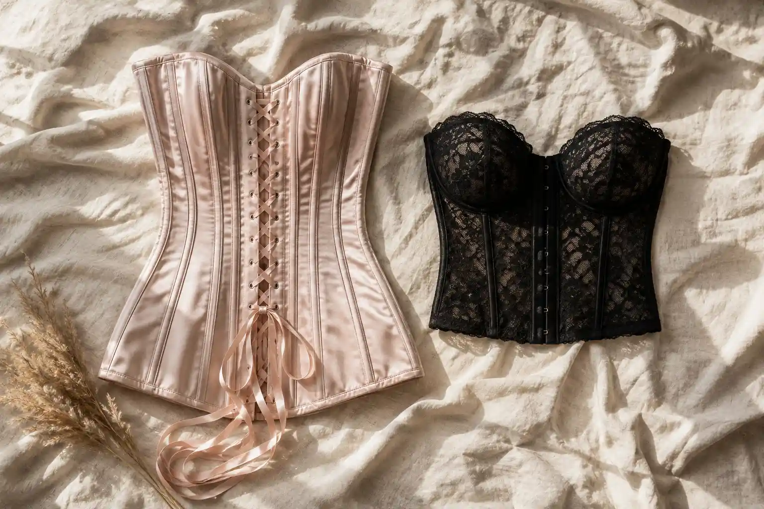  Flat lay comparing a satin corset with visible boning channels and back lacing beside a shorter strapless lace bustier