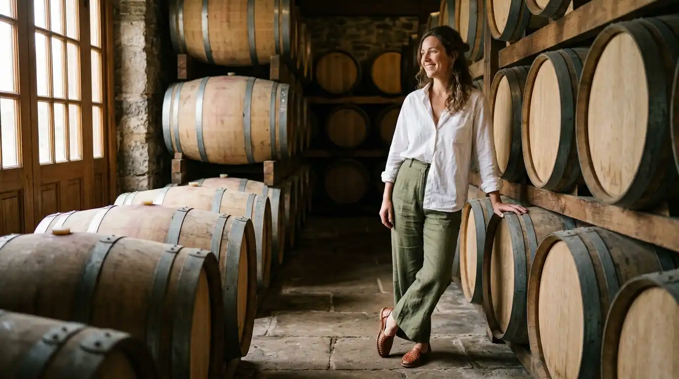 Woman wearing a crisp white cotton poplin blouse, relaxed olive trousers, and leather loafers standing near oak wine barrels.