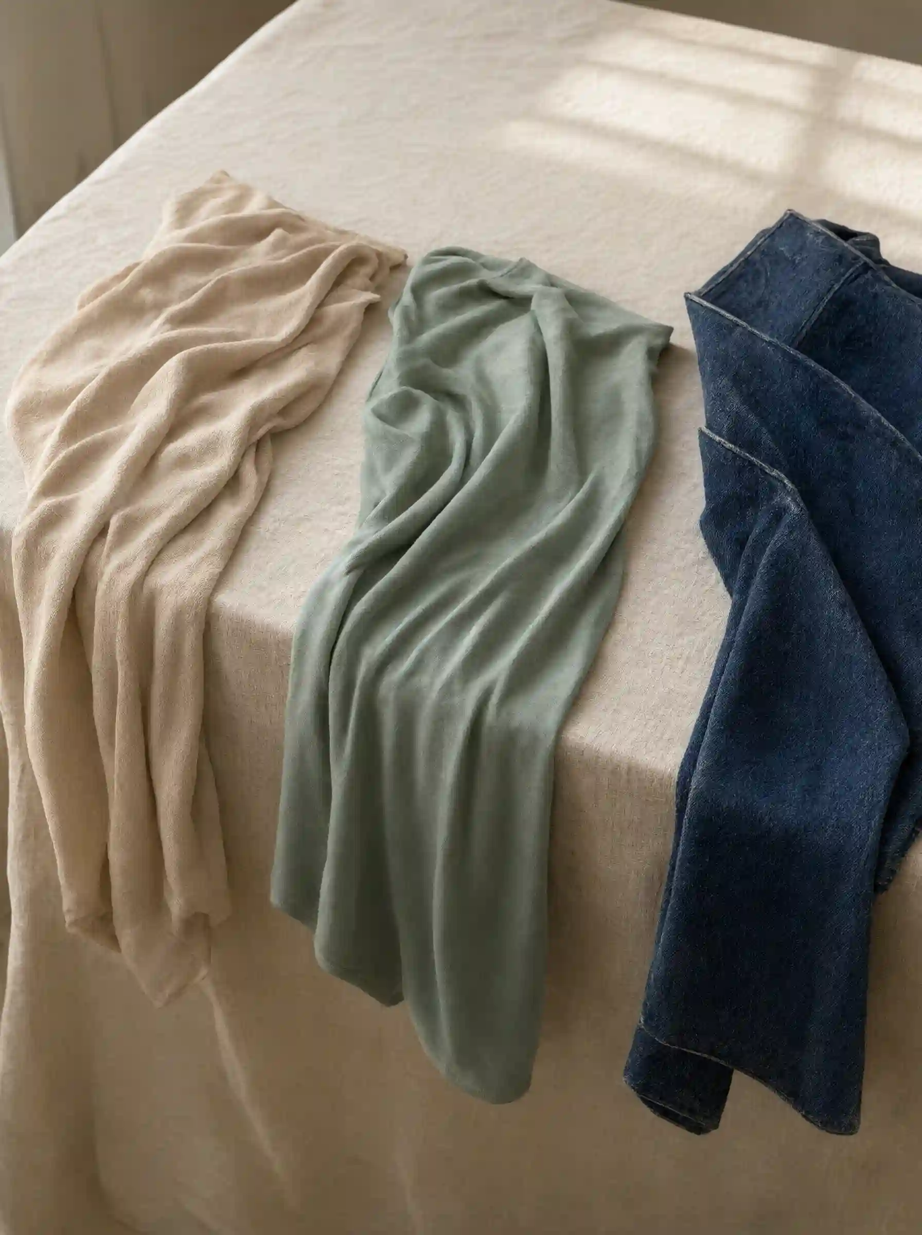 Three fabric swatches in crepe, modal knit, and denim draped over a table edge showing different fall weights