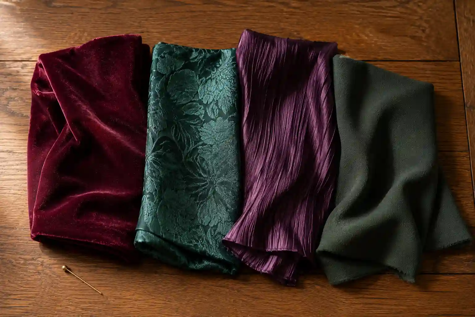 Flat lay of four fall fabric swatches in burgundy stretch velvet, emerald jacquard, plum pleated satin, and forest crepe on an oak table