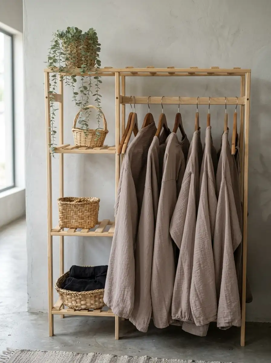 Linen garments hanging on a wooden rack beside woven baskets