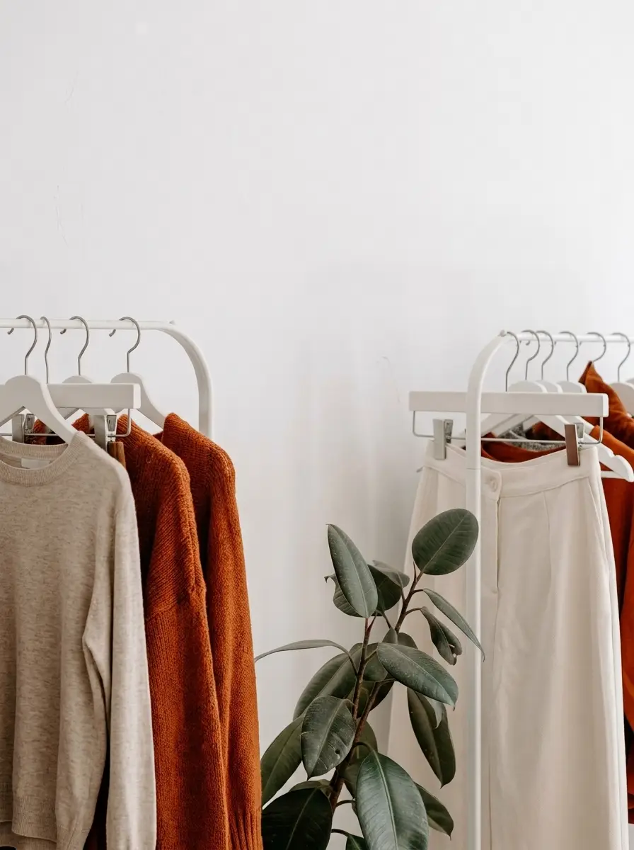 Clothing racks holding neutral-toned garments in a bright shop