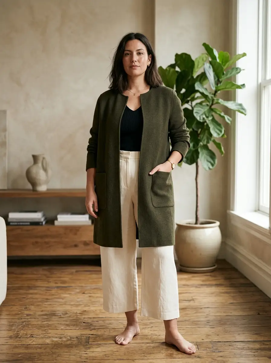 Woman wearing a collarless longline jacket with a V-neck top and wide-leg trousers, jacket hem ending below the hip