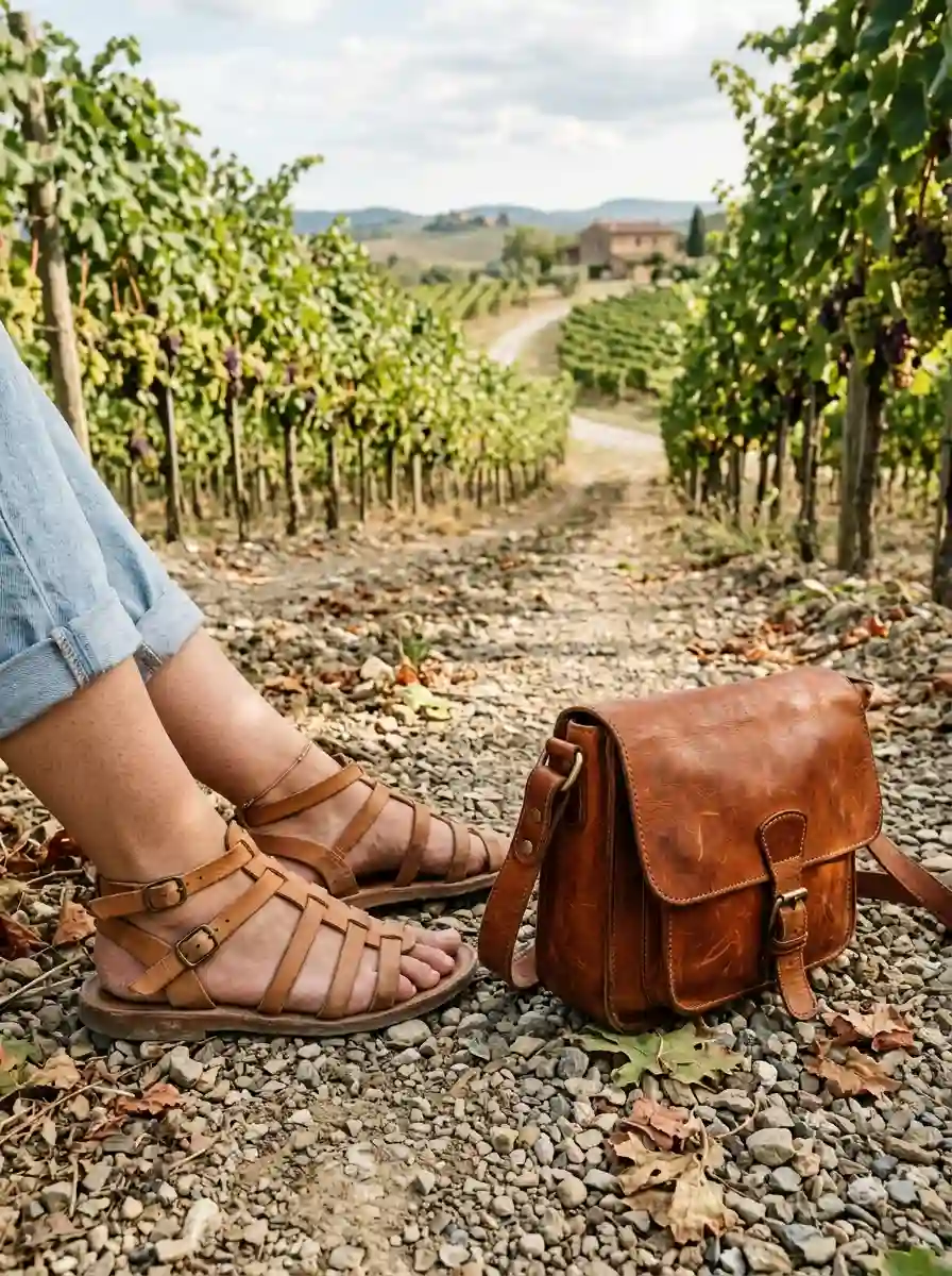 Close-up of flat leather sandals and a cognac leather crossbody bag on a gravel vineyard pathway.