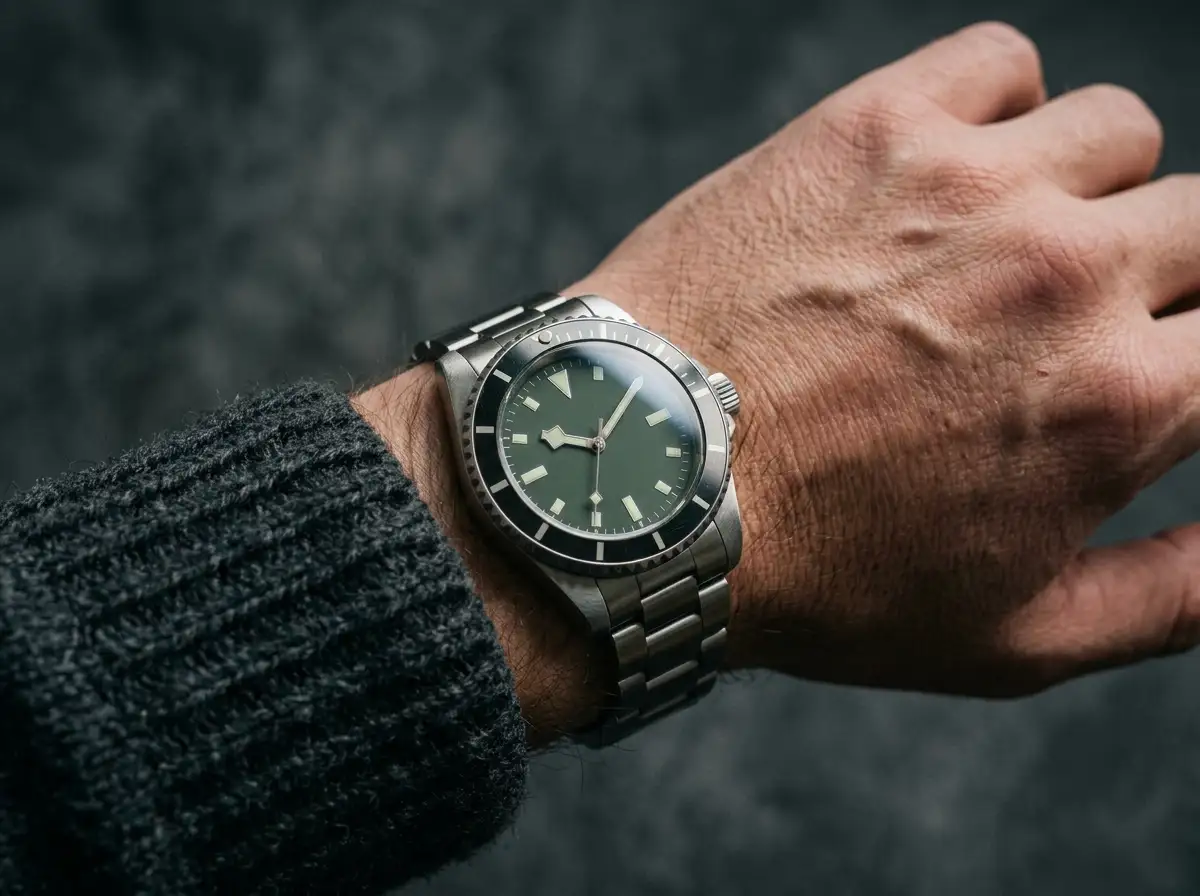 A dive-style watch with the winding crown on the left side of the case, worn on a right wrist