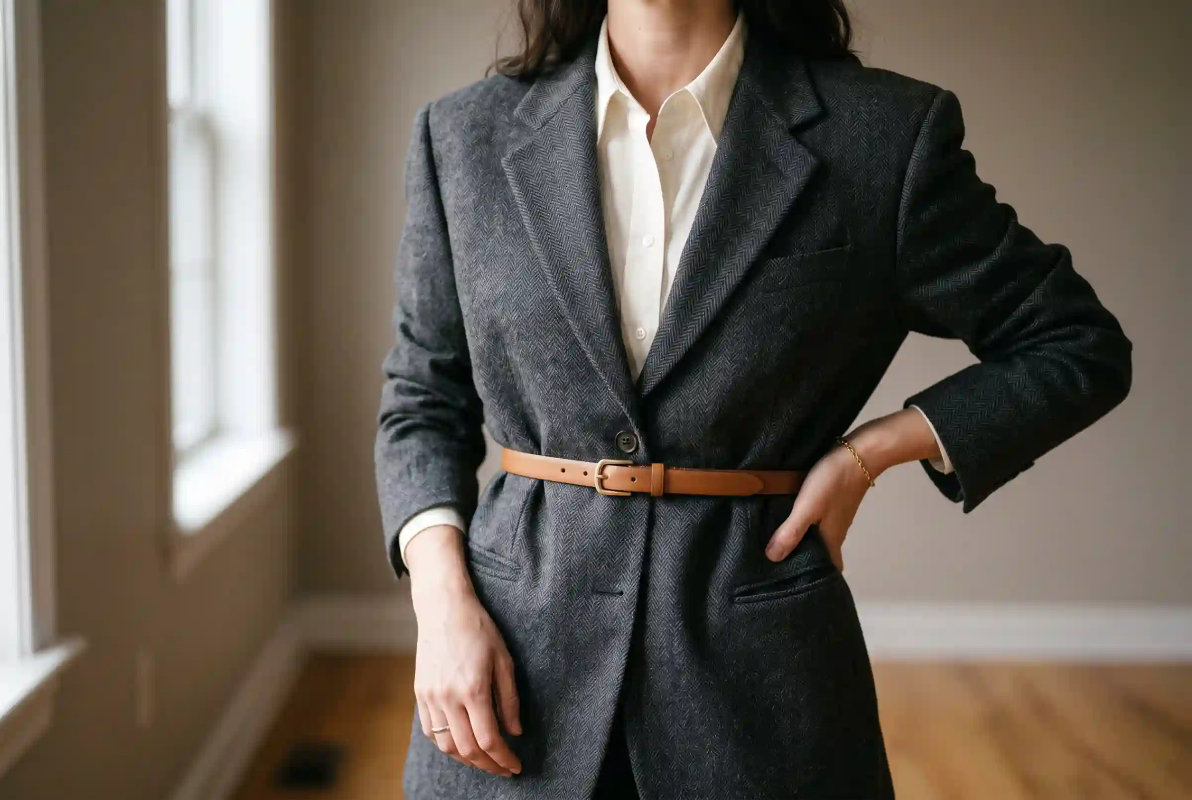 Close crop of a narrow tan leather belt cinched over a charcoal oversized blazer at the waist