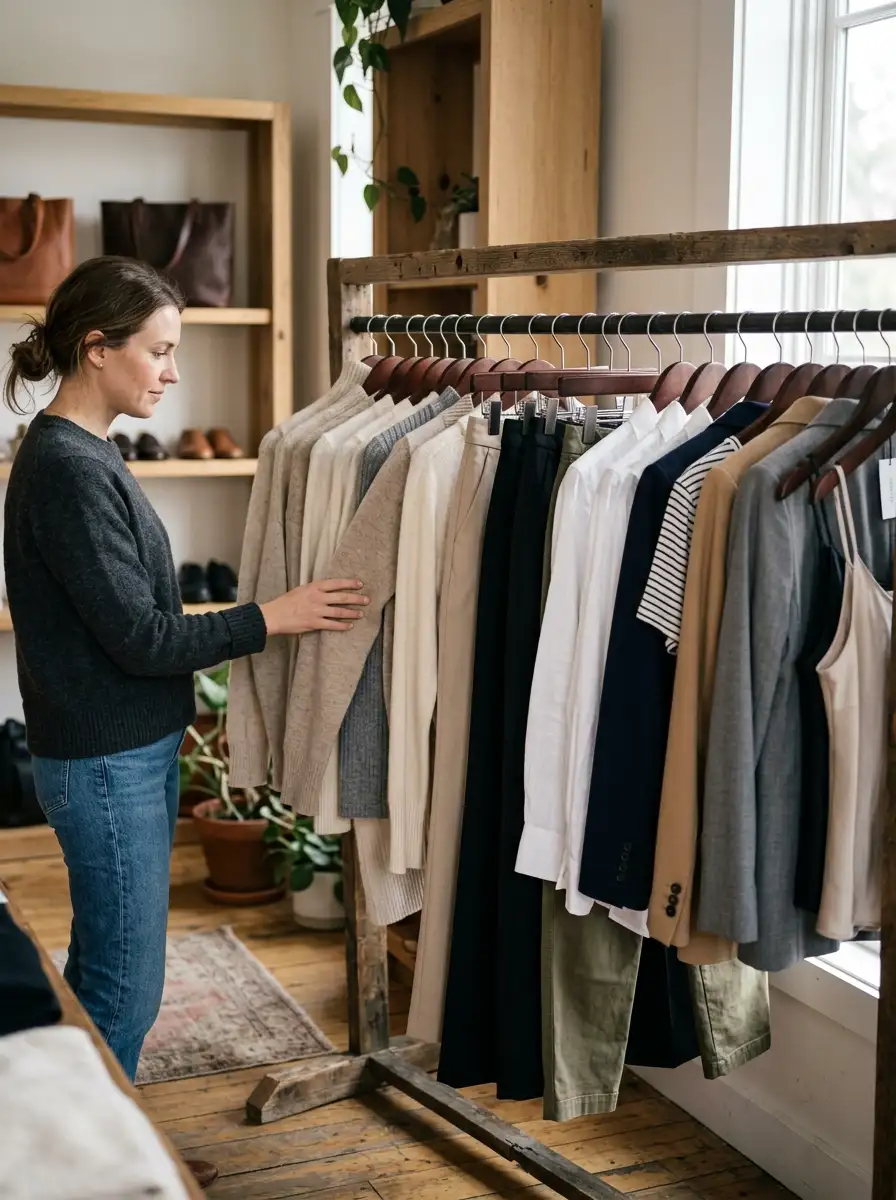 Clothing racks holding neutral toned shirts, knits, and trousers for a complete women's wardrobe essentials checklist