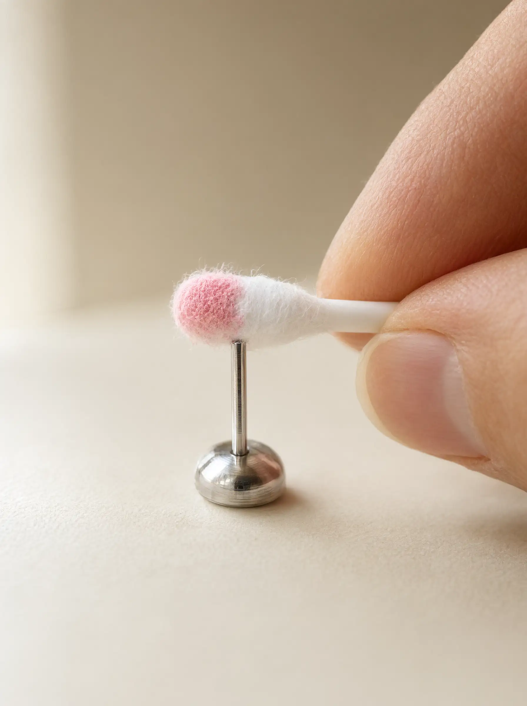 A cotton swab touched to an earring post showing a faint pink tint that indicates a positive nickel spot test