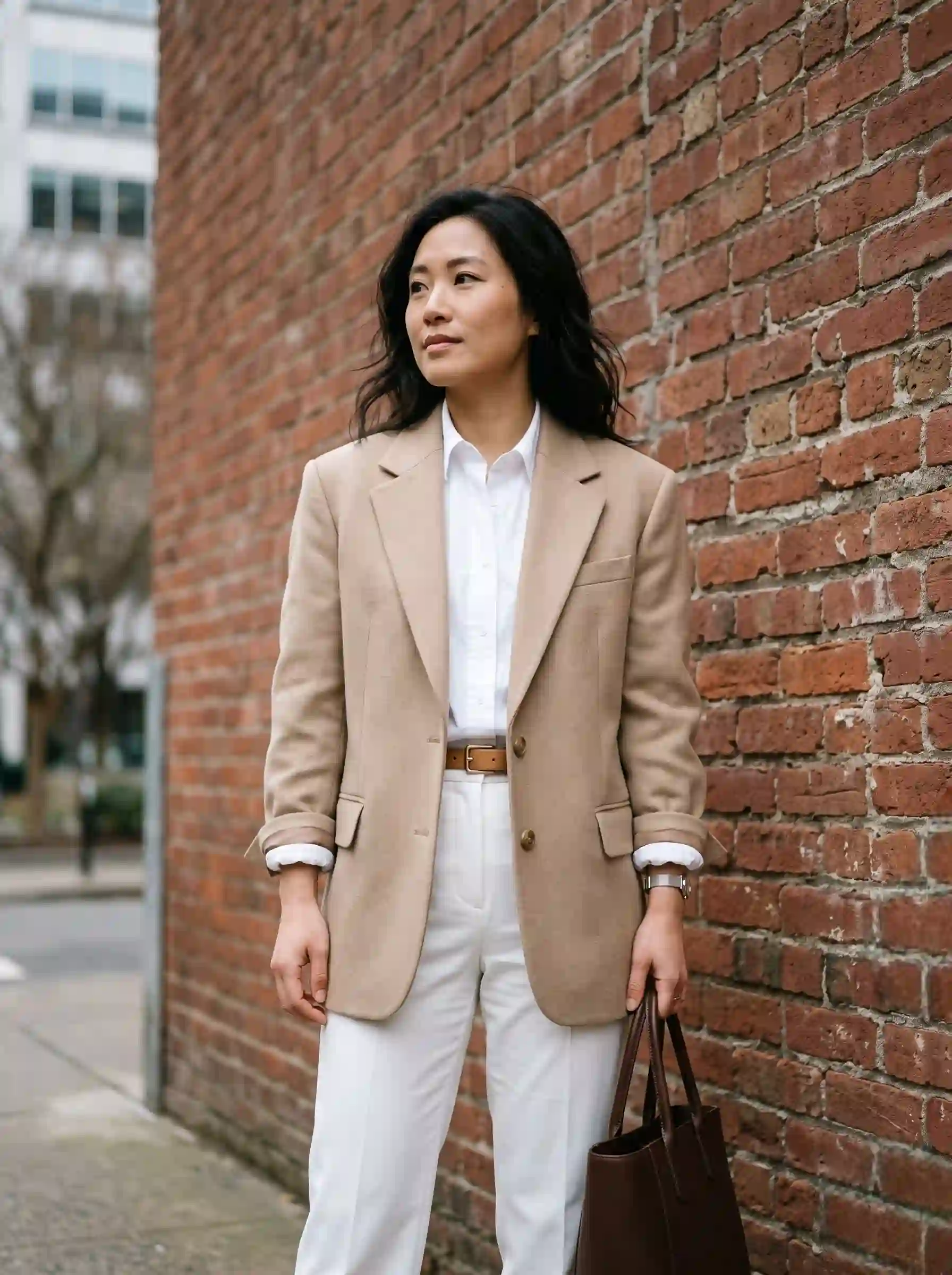 Woman in a neutral oversized blazer paired with white straight-leg trousers, standing outdoors against a brick wall