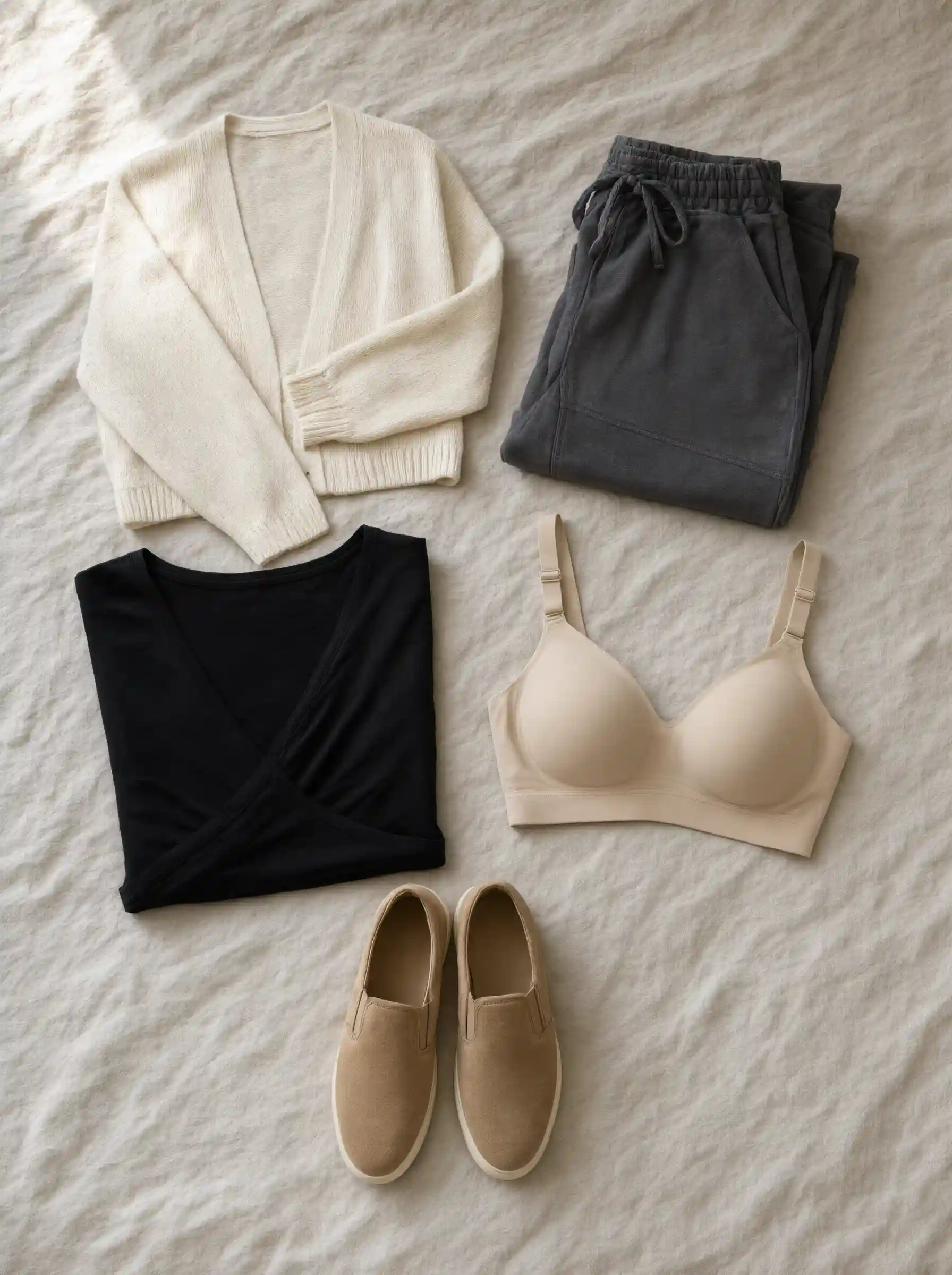 Flat lay of a postpartum capsule with drawstring joggers, a crossover top, a cardigan, a wireless bra, and slip-on sneakers on a linen background