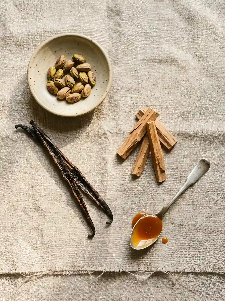 Flat lay of pistachios, vanilla pods, sandalwood pieces, and a small dish of caramel on warm linen