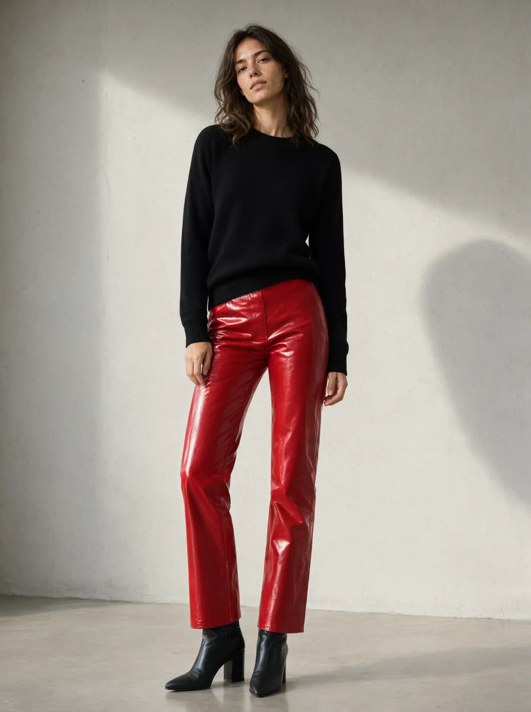 Woman wearing glossy red leather statement pants with a plain black knit top and black pointed ankle boots, the loud middle framed by matched dark bookends