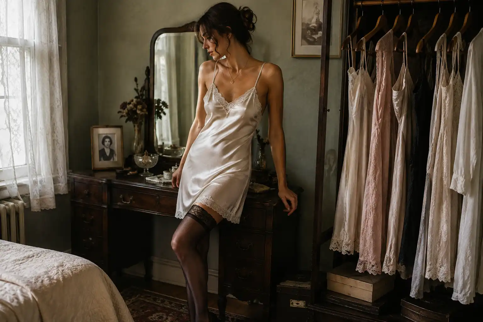 Woman in a vintage silk slip dress and sheer stockings, a classic lingerie sleepwear silhouette