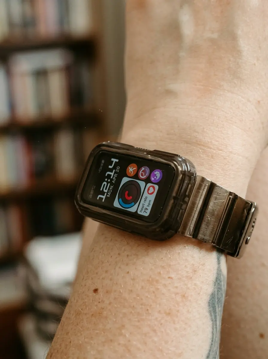 Close-up of a smartwatch on a person's wrist with the screen lit