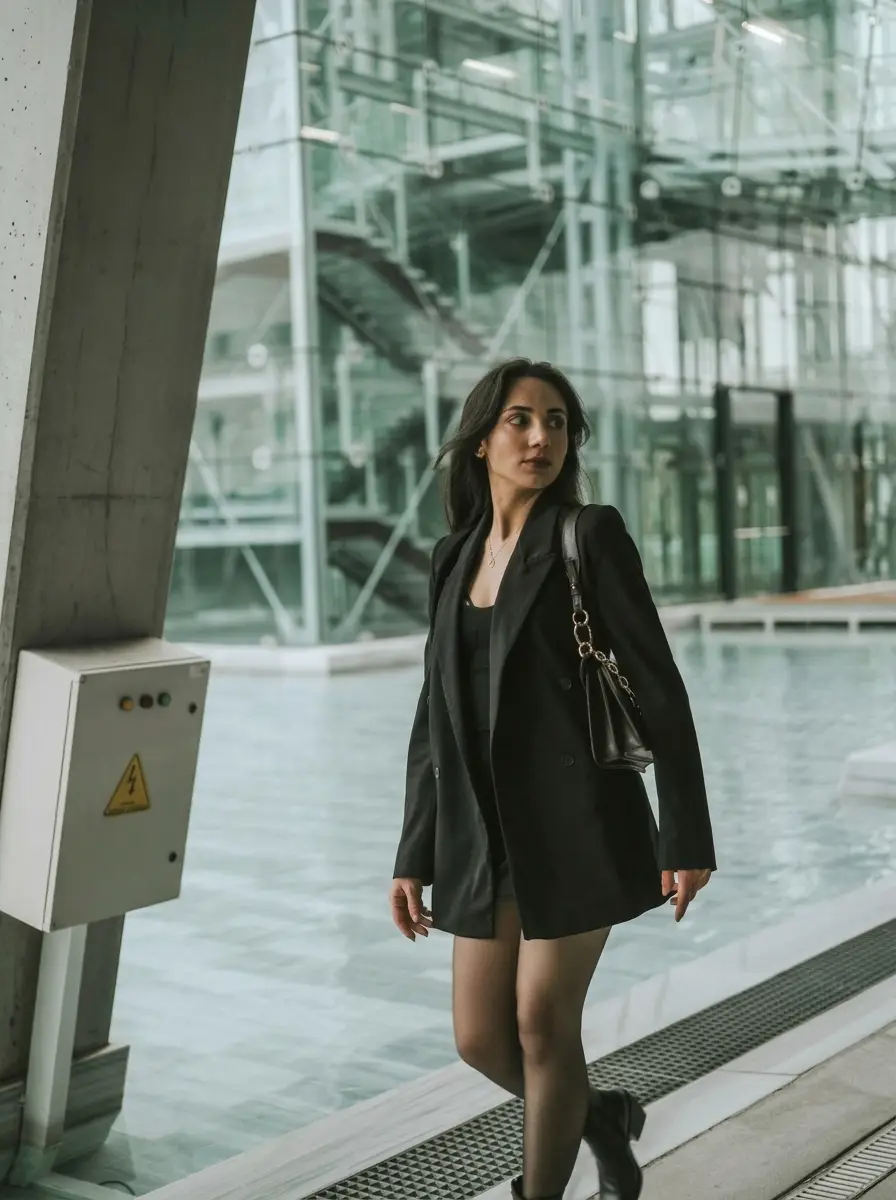 Woman in a structured black blazer walking through a modern glass building, straight column silhouette