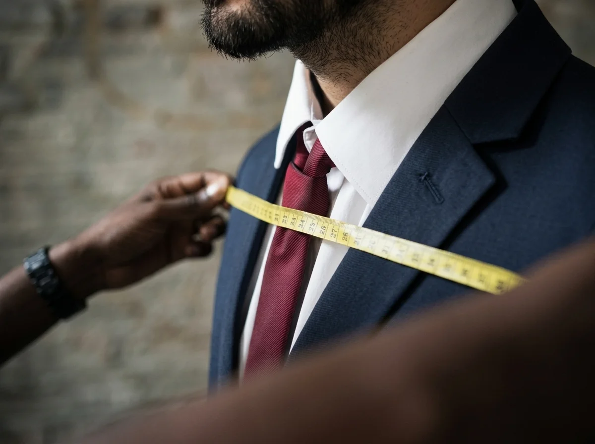 Tailor measuring a man's suit jacket across the shoulders in a workshop