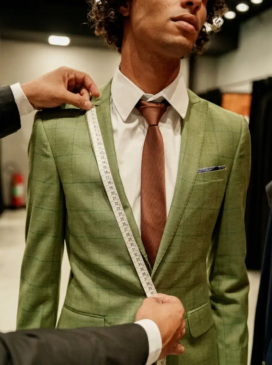 Tailor adjusting the fit of a green suit jacket on a client