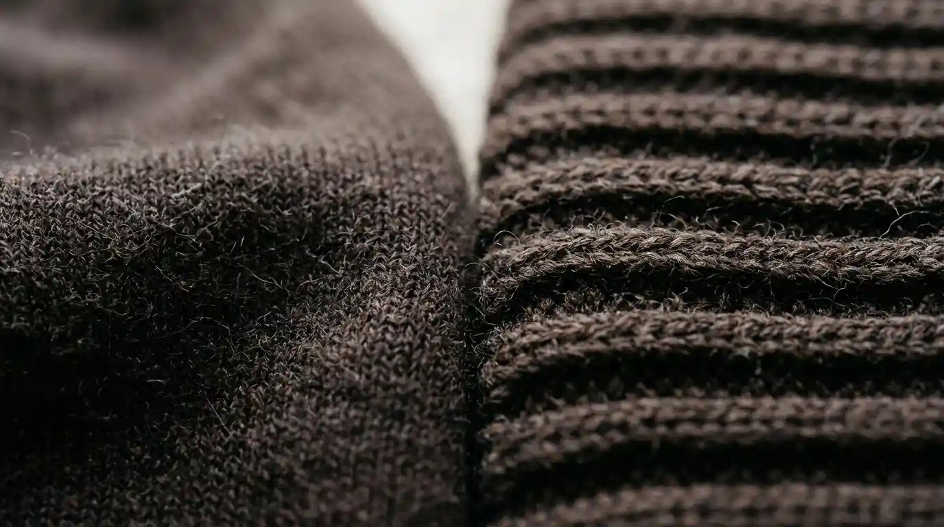 Macro photograph comparing tissue-weight merino wool weave and heavy ribbed sweater fabric.