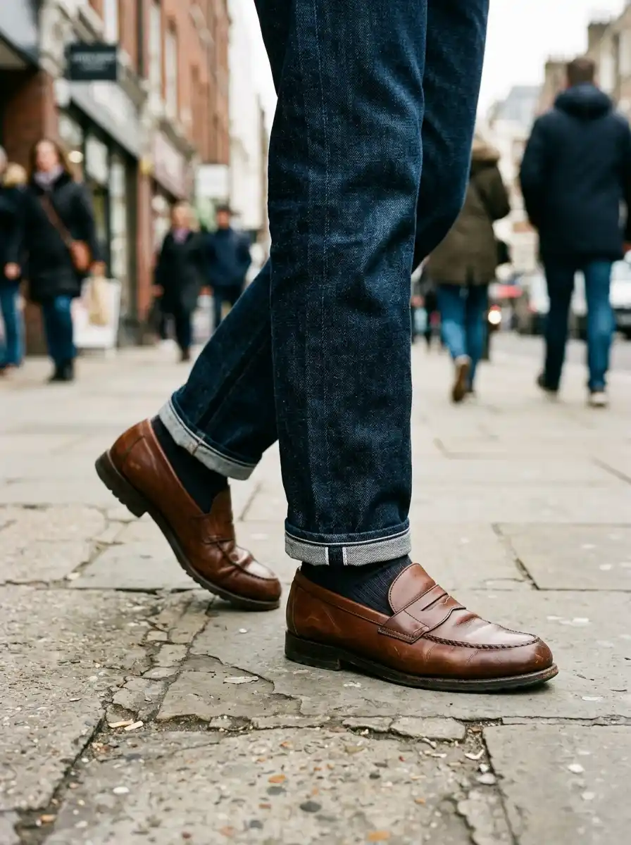 Close-up street style shot of dark cognac leather loafers paired with straight-leg cotton denim.