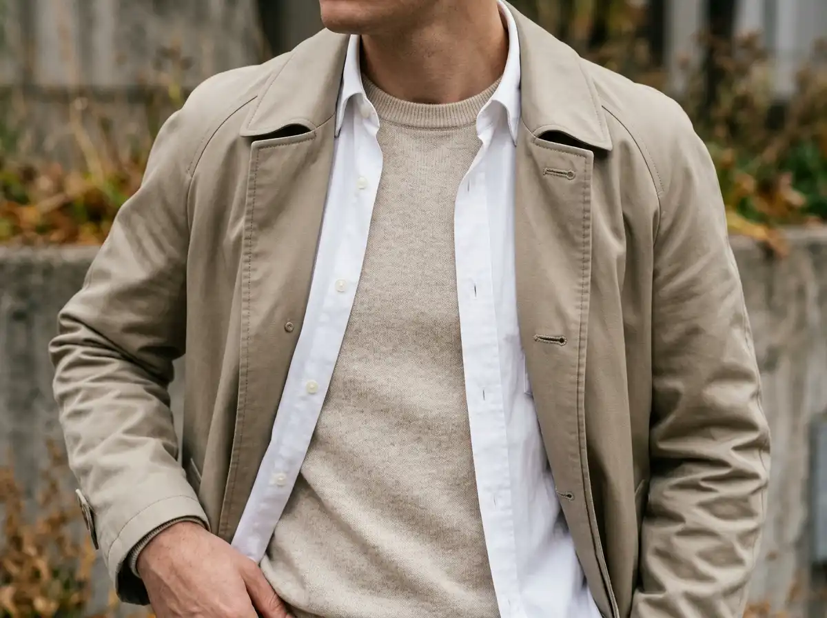 Close crop of a layered outfit showing a fine merino crewneck under a white poplin shirt under a cotton trench coat