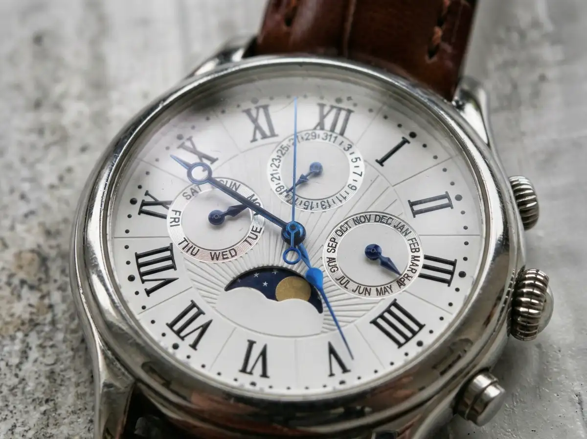 Close-up of an antique analog wristwatch with a worn dial, Roman numerals, and aged leather strap
