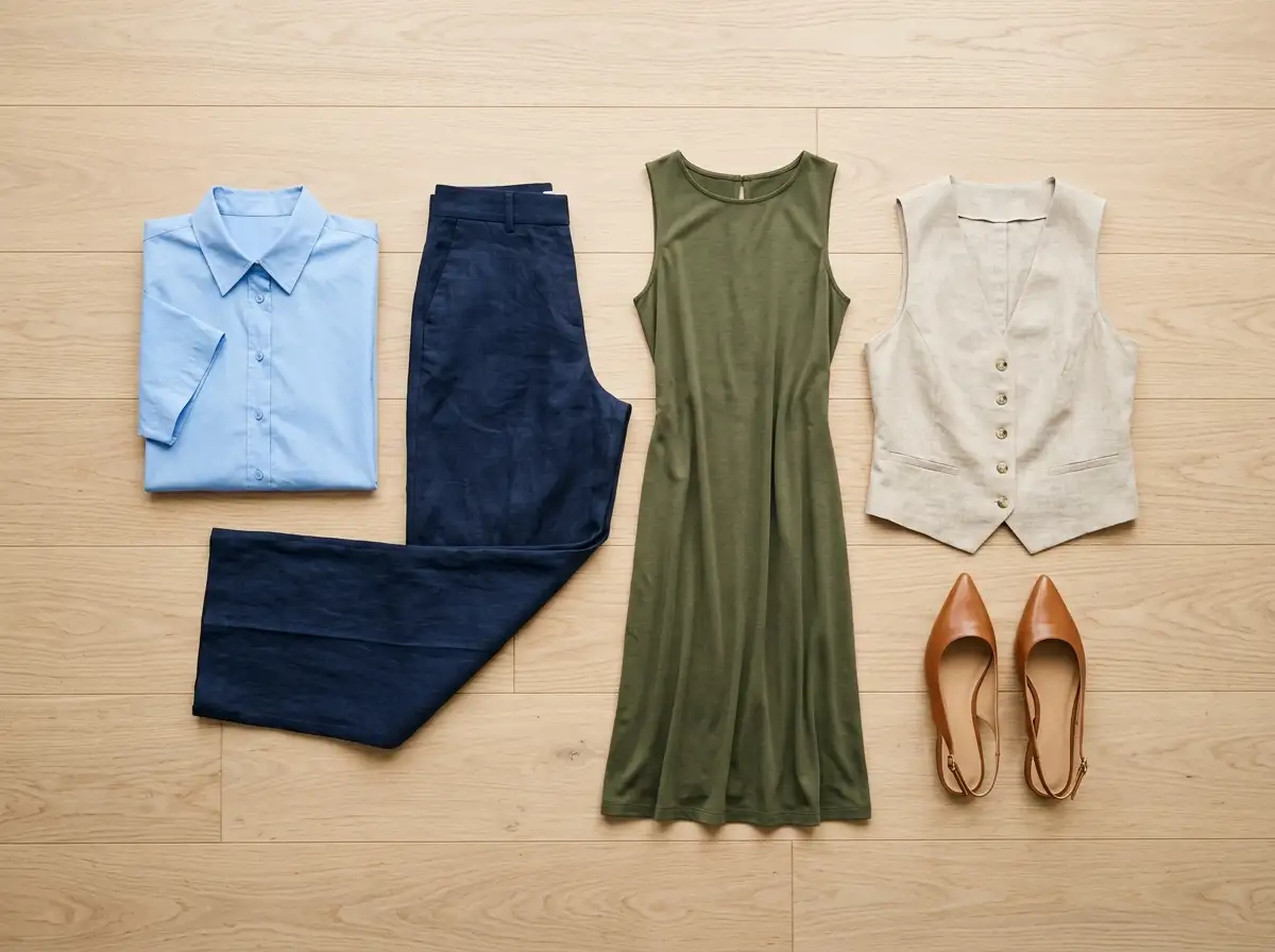 Flat-lay arrangement of a cotton poplin top, linen trousers, modal midi dress, and leather flats