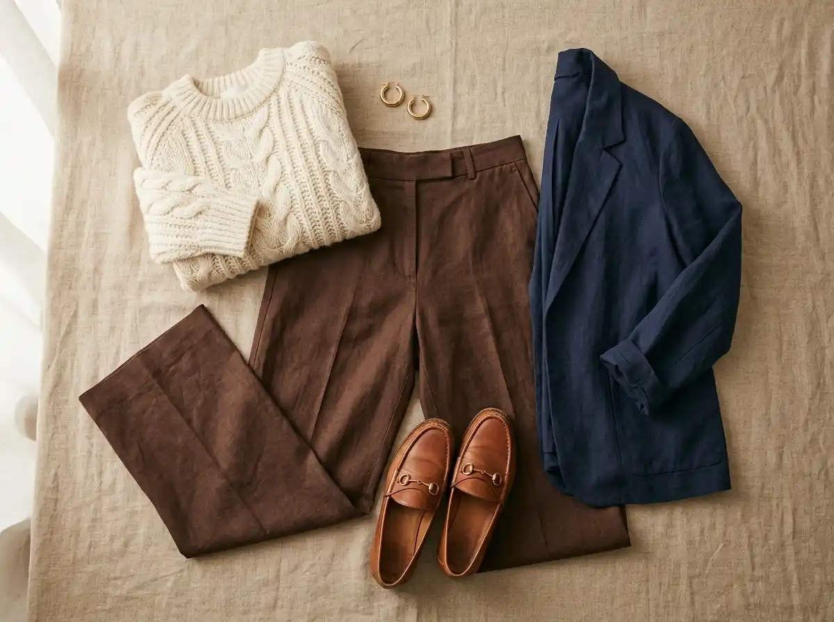 Flat lay of chocolate brown trousers styled with a cream knit sweater, navy blazer, gold hoop earrings, and cognac loafers