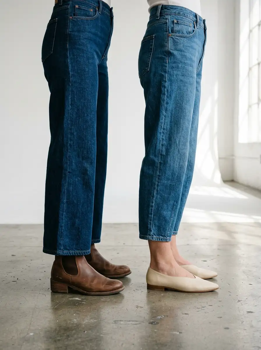 Comparison of wide leg denim sweep and mid-rise barrel jean curve on model legs