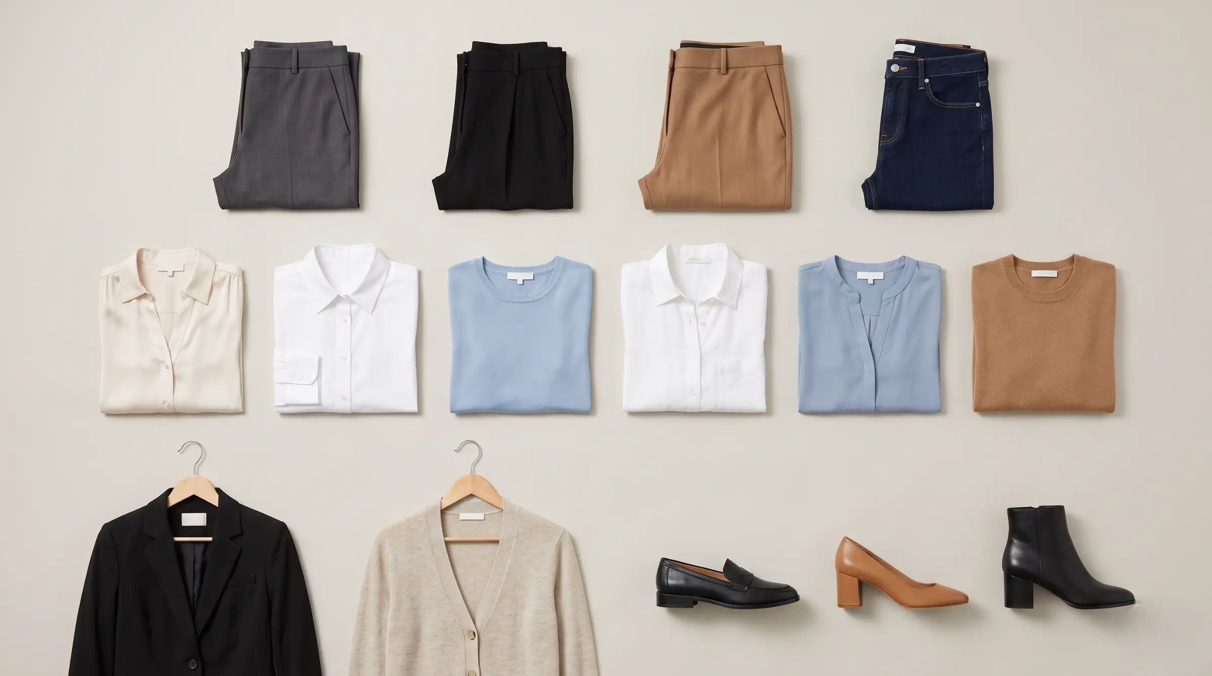 An organized grid of work capsule wardrobe pieces grouped into bottoms, tops, layers, and shoes on a neutral background
