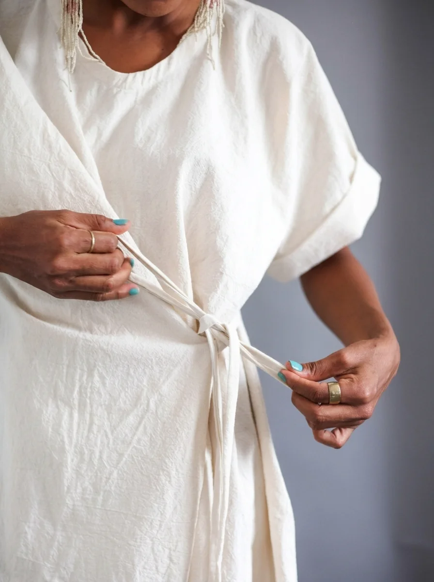 Close-up of hands tying the fabric belt of a white wrap dress at the waist